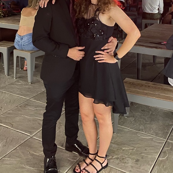 Vintage 90s Betsy & Adam Black Mini Party Dress S Lace Illusion Strappy Ruffle - Picture 2 of 7